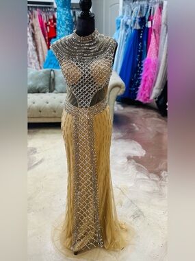 Gold Beaded High-Neck Evening Prom Dress